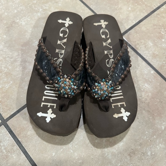 Women's Brown Sandals with Blue Accents - Picture 1 of 3